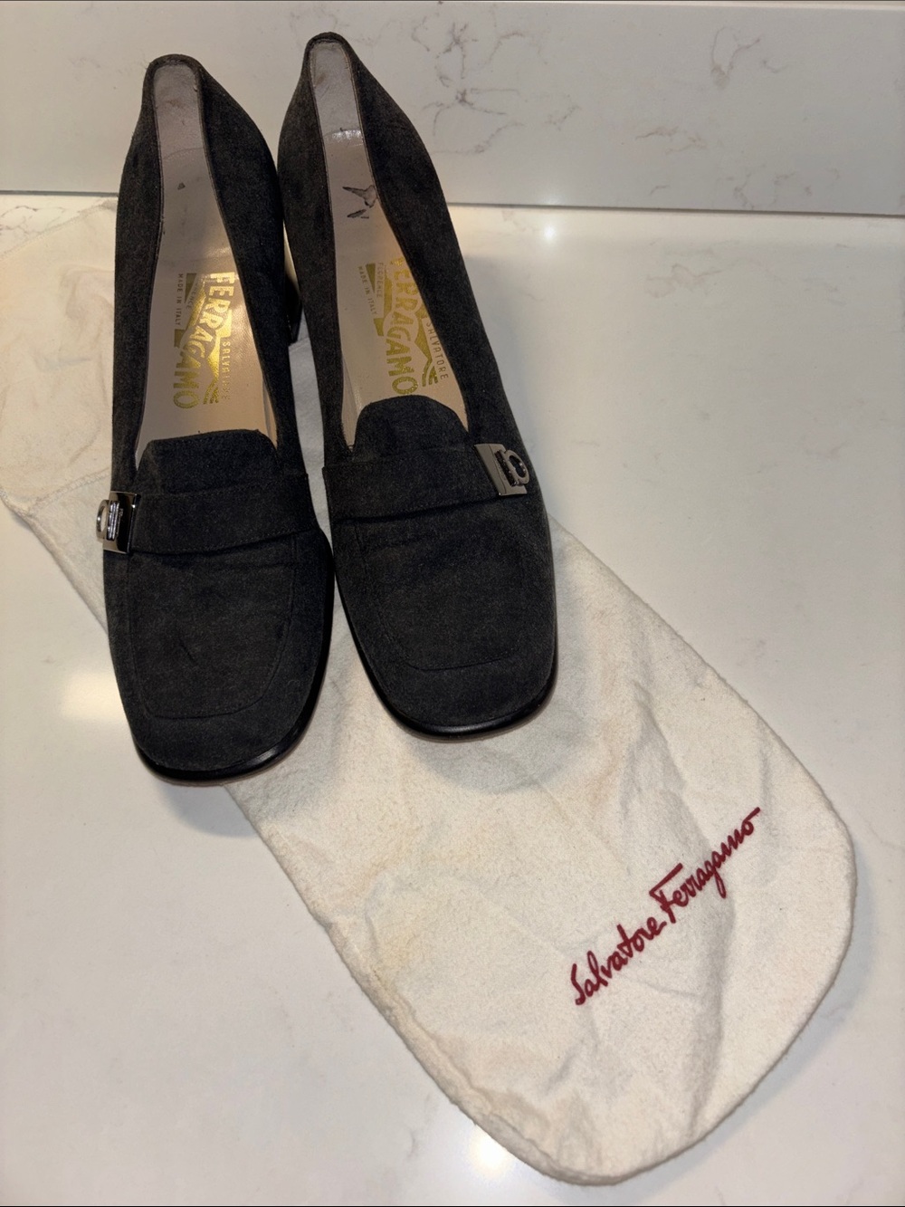 Salvatore Ferragamo Charcoal Suede Loafers with Signature Hardware Size 10B
